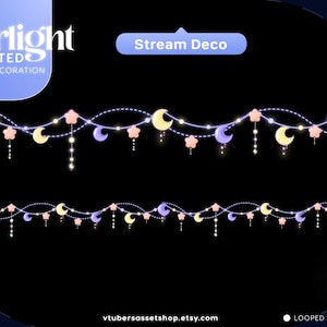 Könnte beinhalten: Animierte Stream-Dekoration mit einem Sternenlicht-Design, das Halbmonde, Sterne und Hängelichter zeigt. Das Design enthält den Text "Starlight Animated Stream Decoration" und "Stream Deco". Der Hintergrund ist schwarz.