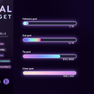 May include: A digital graphic on a dark purple background shows progress bars for goals: Followers, Sub, Tip, and Cheer. Each bar is a gradient of colours, with progress indicators like 1/10, 5/15, £70/£100, and 200/200.