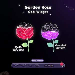 Könnte beinhalten: Ein digitales Garden Rose Goal Widget mit zwei fortschrittsbalken in Rosenform. Eine Rose ist rot mit dem Text Tip Me $70 / $100, die andere ist lila mit dem Text Cheer Goal 100 / 200. Enthält eine Schaltfläche für die Onclick-Installation.