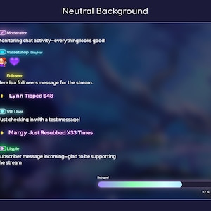 Puede incluir: Una pantalla digital con un fondo degradado azul oscuro. La pantalla muestra un chat de transmisión en vivo con varias interacciones de usuario, incluidos mensajes de moderador, notificaciones de seguidores y alertas de donaciones. El texto incluye nombres de usuario y mensajes.