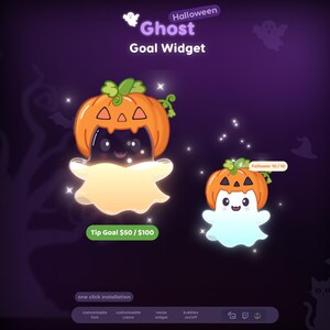 May include: A digital Halloween Ghost Goal Widget featuring two cartoon ghosts wearing orange jack-o'-lantern pumpkin hats. The left ghost is black with a yellow glow, and the right ghost is white. Text includes "Halloween Ghost Goal Widget", "Tip Goal $50 / $100", and "Follower 10/10".