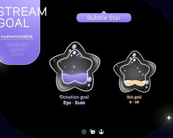 Può includere: Una grafica a forma di stella viola e bianca con un liquido viola all'interno. La grafica è etichettata "Obiettivo di donazione $30 - $100". Una seconda grafica è una grafica a forma di stella bianca e dorata con un liquido dorato all'interno. La grafica è etichettata "Obiettivo secondario 2 - 10". Entrambe le grafiche sono etichettate "Stella a bolle".