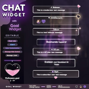 May include: A digital overlay design for live streaming, featuring a purple and pink color scheme. The design includes chat widgets, a goal widget, and customizable options for alerts and message control. Text includes "CHAT WIDGET" and "Goal Widget".