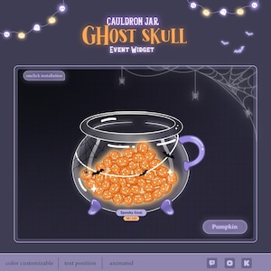 May include: A digital Cauldron Jar Ghost Skull event widget featuring a glass cauldron filled with orange jack-o'-lanterns. The interface includes text reading Cauldron Jar Ghost Skull, Event Widget, onclick installation, Spooky Goal 38/100, and Pumpkin.