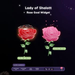 Könnte beinhalten: Digitale Grafik Lady of Shalott Rose Goal Widget mit zwei stilisierten Rosen, einer roten und einer rosafarbenen, mit interaktiven Fortschrittsbalken mit der Beschriftung Tip Me $70 / $100 und Follow Me 10 / 10 sowie einem anpassbaren Installationsfeld.