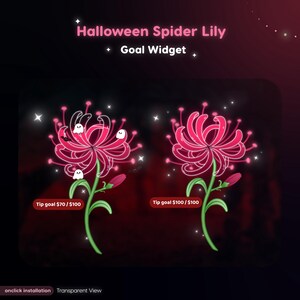 May include: A digital graphic titled Halloween Spider Lily Goal Widget featuring two illustrations of a pink spider lily flower with green stems. The left flower has three small white ghosts and text reading Tip goal $70 / $100. The right flower has text reading Tip goal $100 / $100.