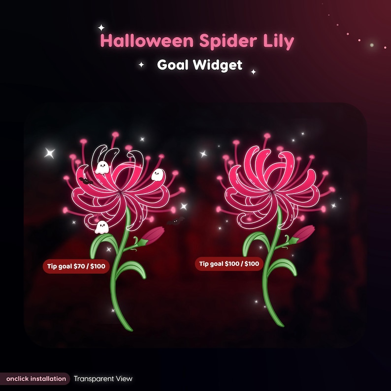 May include: A digital graphic titled Halloween Spider Lily Goal Widget featuring two illustrations of a pink spider lily flower with green stems. The left flower has three small white ghosts and text reading Tip goal $70 / $100. The right flower has text reading Tip goal $100 / $100.