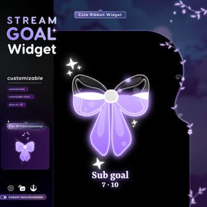 Op de afbeelding: Een digitaal grafisch ontwerp voor een "Stream Goal Widget" met een schattig strikdesign. De widget is aanpasbaar, met opties voor lettertype en kleuren, en een gloei-effect. De tekst "Sub goal 7-10" wordt weergegeven. Zwarte achtergrond met paarse accenten.