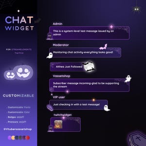 May include: A purple chat widget design with Halloween-themed elements. The design includes text that says "CHAT WIDGET" and "CUSTOMIZABLE". The widget features a pumpkin, bats, ghosts, and a coffin. The text includes "FOR STREAMELEMENTS TWITCH".
