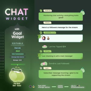 May include: A green and white chat widget graphic with the text "CHAT WIDGET" and "Goal Widget." The design includes editable features, chat examples, and a tip goal of $70-$100. The design is for streaming.