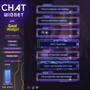 May include: A digital chat widget interface with a purple and blue color scheme. The interface includes text boxes for moderator, follower, and VIP user messages, along with a goal widget and editable options for customization.