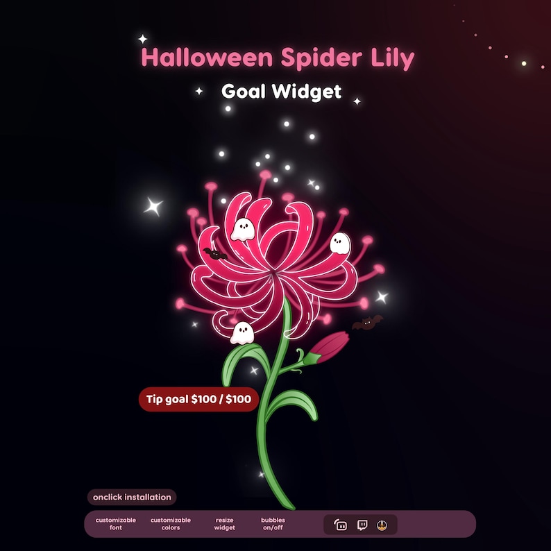 May include: A digital Halloween Spider Lily Goal Widget graphic featuring a vibrant pink spider lily flower with small white ghosts and bats, glowing sparkles, and the text "Halloween Spider Lily Goal Widget" and "Tip goal $100 / $100".