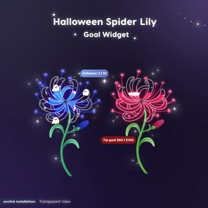 May include: A digital Halloween Spider Lily goal widget graphic featuring two glowing flowers. The left blue flower displays Follower 3 / 10, and the right red flower displays Tip goal $60 / $100. Both flowers have green stems and small ghosts.