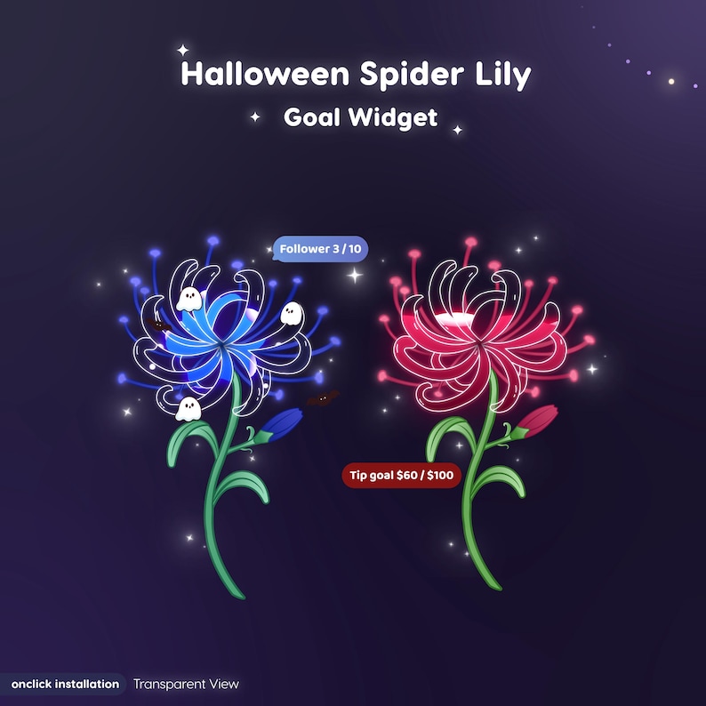 May include: A digital Halloween Spider Lily goal widget graphic featuring two glowing flowers. The left blue flower displays Follower 3 / 10, and the right red flower displays Tip goal $60 / $100. Both flowers have green stems and small ghosts.