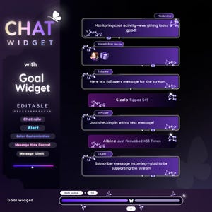 May include: A digital chat widget interface in purple and white. The interface includes a chat window, a goal widget, and editable options for alerts and customization. The chat window displays example messages and user interactions.