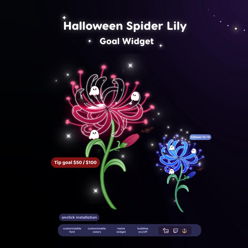 May include: A digital Halloween Spider Lily goal widget featuring a large red flower and a smaller blue flower, both adorned with small white ghosts. Text includes "Halloween Spider Lily Goal Widget", "Tip goal $50 / $100", and "Follower 10/10".