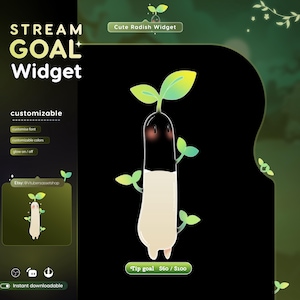 May include: A digital graphic of a radish-like character with a black top, white body, and green leaves. The text "STREAM GOAL Widget" is at the top left. Additional text includes "customizable," "customize font," and "glow on/off."