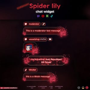 Peut inclure: Un widget de chat multistream numérique intitulé Spider lily chat widget, avec des accents floraux de lys araignée rougeoyants, des icônes de plateforme pour Twitch, YouTube, Kick et TikTok, et des exemples de messages avec rôles et avatars.