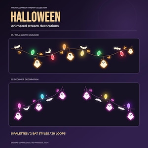 May include: A digital graphic titled THE HALLOWEEN STREAM COLLECTION HALLOWEEN Animated stream decorations. It displays a full-width garland and corner decorations featuring glowing ghost and bat icons with colorful light bulbs on a dark background.