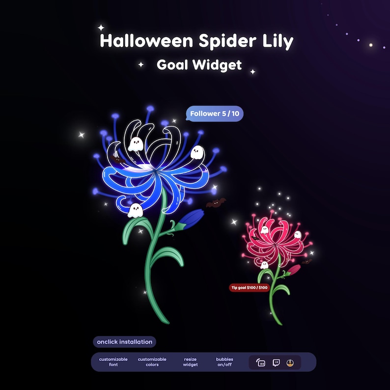 May include: A digital Halloween Spider Lily goal widget featuring a large blue flower and a smaller pink flower, both adorned with tiny white ghosts and sparkles. Text includes "Halloween Spider Lily Goal Widget", "Follower 5/10", and "Tip goal $100/$100".