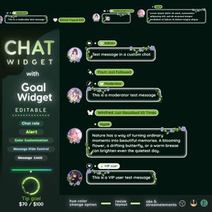 May include: A digital chat widget and goal widget overlay featuring a dark green theme with light green accents and floral decorations. The interface includes text labels for chat roles, alerts, and a circular tip goal progress bar showing $70 / $100.