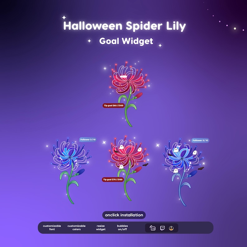 May include: A digital Halloween Spider Lily goal widget featuring three flower illustrations in red and blue gradients. The flowers contain liquid-like fill levels with text overlays including Tip goal $60/$100, Follower 3/10, and Follower 5/10.