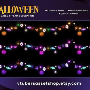 May include: Three rows of animated Halloween string lights featuring glowing ghosts, pumpkins, bats, and leaves. The text reads HALLOWEEN ANIMATED STREAM DECORATION, 3 COLORS & ASSETS, TRANSPARENT VIDEO, LOOPED ANIMATION, and vtubersassetshop.etsy.com.