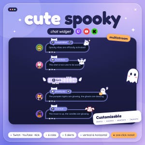 May include: A digital chat widget overlay featuring the text cute spooky and multistream. The interface displays purple chat bubbles with ghost icons, bone accents, and user avatars. Text includes Spooky vibes are officially activated, This chat is too cute to be scary, and The pumpkin lights are glowing, the ghosts are dancing.