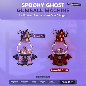 Könnte beinhalten: Eine digitale Grafik mit zwei Kaugummiautomaten-Widgets mit Fledermausflügeln und Spukhaus-Aufsätzen. Der Text lautet SPOOKY GHOST GUMBALL MACHINE, Halloween Multistream Goal Widget, Goal 5 / 10, tip me $40 / $100 und onclick installation.