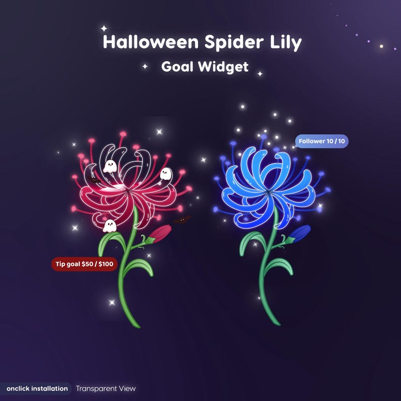 May include: A digital graphic titled Halloween Spider Lily Goal Widget featuring two spider lily flowers, one red with small white ghosts and one blue. Text labels include Tip goal $50 / $100, Follower 10 / 10, and onclick installation.