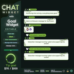May include: A green and white chat widget with the text "CHAT WIDGET with Goal Widget EDITABLE". The widget displays chat messages, alerts, and a tip goal of £56 / £80. Includes options for color customization and message control.