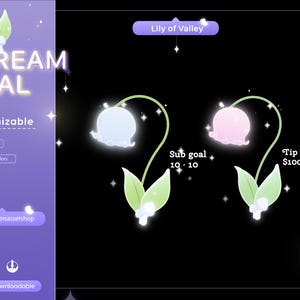May include: A customizable animated stream goal overlay featuring a lily of the valley flower with a glowing effect. The overlay includes text for a sub goal of 10 and a tip goal of $100. The text "Lily of Valley" is at the top of the image.