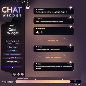Dreamy Butterfly Chat & Goal Widget • Celestial Vibes, Minimal, Starry Theme • Chat Box with Pronouns • Alerts for Streams(StreamElements)
