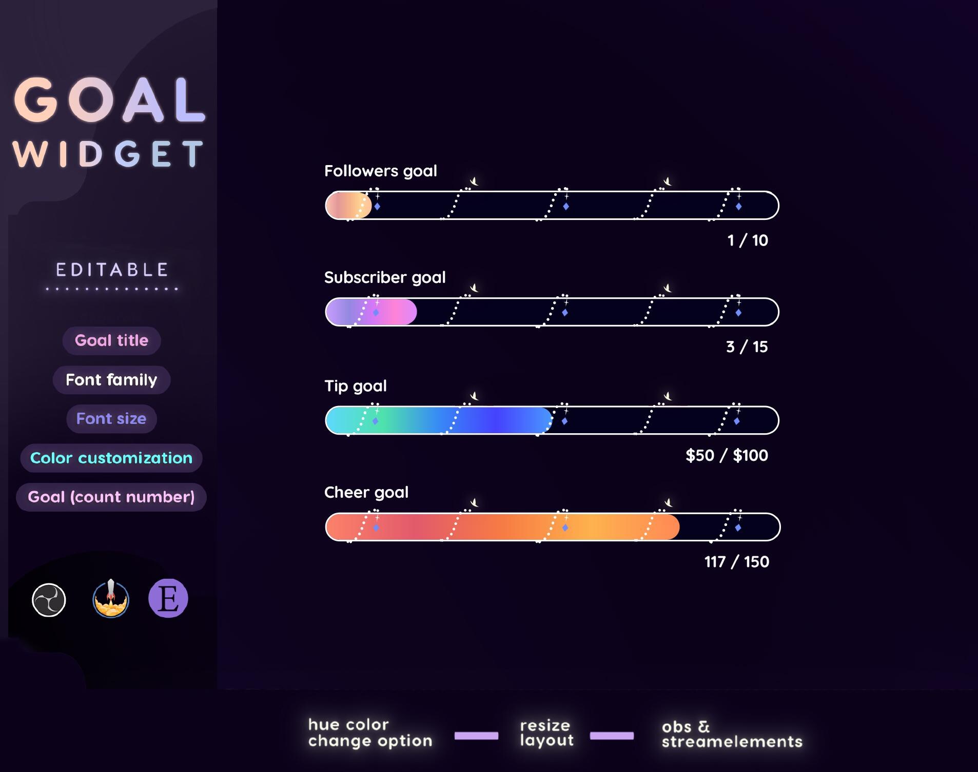 Neon Slider Goal Widget | Customizable Gradient Colors Goal Bars for ...