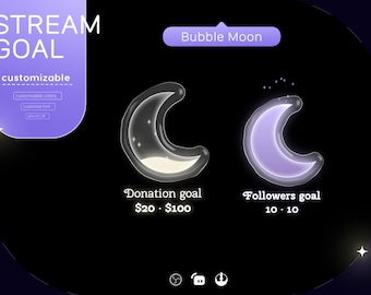 Può includere: Un'illustrazione digitale di due icone di luna crescente con un effetto luminoso. Il testo "Bubble Moon" è in cima all'immagine. Il testo "Obiettivo di donazione $ 20 - $ 100" è sotto la prima icona di luna. Il testo "Obiettivo di follower 10 - 10" è sotto la seconda icona di luna.