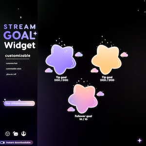 Peut inclure: Graphique numérique avec le texte "STREAM GOAL Widget" et trois widgets en forme d'étoile en violet, jaune et rose. Chaque étoile a une description d'objectif. Le graphique est personnalisable avec des options de police et de couleurs.