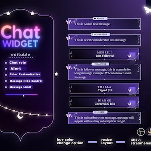 Puede incluir: Un widget de chat morado y rosa con el texto "Chat Widget" en luces de neón. El widget tiene una lista de funciones que incluyen el rol de chat, la alerta, la personalización del color, el control de ocultación de mensajes y el límite de mensajes. El widget está rodeado por un borde decorativo con estrellas y una luna creciente.