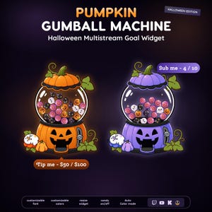 Könnte beinhalten: Zwei digitale Kaugummiautomaten-Illustrationen mit kürbisförmigen Sockeln und Deckeln, einer in Orange und einer in Lila. Der Text lautet PUMPKIN GUMBALL MACHINE, Halloween Multistream Goal Widget, Sub me - 4 / 10, Tip me - $50 / $100 und anpassbare Funktionen.