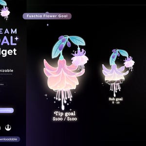 Peut inclure: Un widget de but de flux animé personnalisable avec une fleur fuchsia à effet lumineux. Le widget affiche "STREAM GOAL Widget" et "Tip goal 100 $ / 100 $".