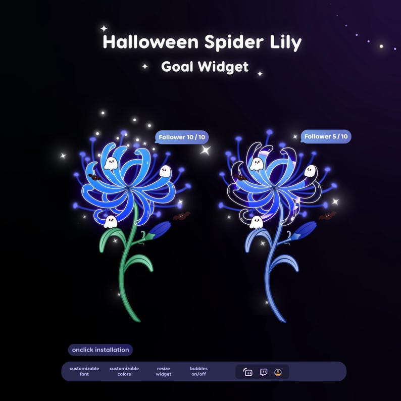 May include: A digital Halloween Spider Lily goal widget featuring two blue spider lily illustrations with small white ghosts and bats. Text includes "Halloween Spider Lily Goal Widget", "Follower 10/10", "Follower 5/10", "onclick installation", "customizable font", "customizable colors", "resize widget", and "bubbles on/off".