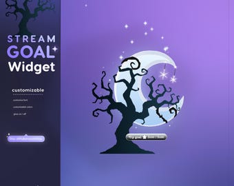 Può includere: Grafica digitale con sfondo sfumato viola con un albero stilizzato, una luna crescente e stelle. Il testo include "STREAM GOAL Widget" e "Spooky Moon goal". Il widget è personalizzabile, con opzioni per font, colori e bagliore.