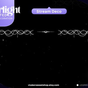 May include: Animated stream decoration featuring a white, sparkling, looped design of a chain with stars and a crescent moon. The text "Starlight Animated Stream Decoration" and "Stream Deco" are visible in the image. The text "vtubersassetshop.etsy.com" and "Looped Animation" are also visible in the image.