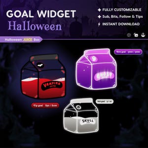 Pode incluir: Gráfico digital com três caixas de suco temáticas de Halloween. A caixa "Vampire Juice" é vermelha com um morcego, a caixa "Ghost Milk" é roxa e a caixa "Skull Juice" é cinza. O texto inclui "Goal Widget Halloween" e "Fully Customizable".