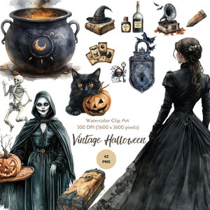 Watercolor Vintage Halloween, Antique Halloween graphics, Dracula, witches, skulls, bats, owls, spiders, digital ephemera instant download