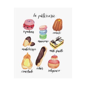 May include: A watercolour illustration of various French pastries with their names written below each image. The pastries include macarons, madeleines, canelé, mille-feuille, éclair, religieuse, ispahan, and croustade. The title of the illustration is "la pâtisserie".
