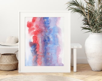 Minimalistic Printable Wall Art, Instant Download Print, Digital Watercolor Art, Red Blue and Purple Abstract Watercolor Painting