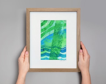 Framed Abstract Watercolor Painting: Small Green and Blue Modern Art