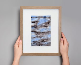 Original Black and Blue Abstract Watercolor Painting, Framed Minimalist Art