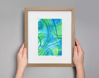 Original Abstract Watercolor Painting: Framed Blue Green Art