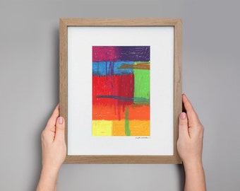 May include: A framed abstract painting with a colorful geometric design. The painting is made up of squares and rectangles in shades of red, orange, yellow, green, blue, and purple. The painting is framed in a natural wood frame.